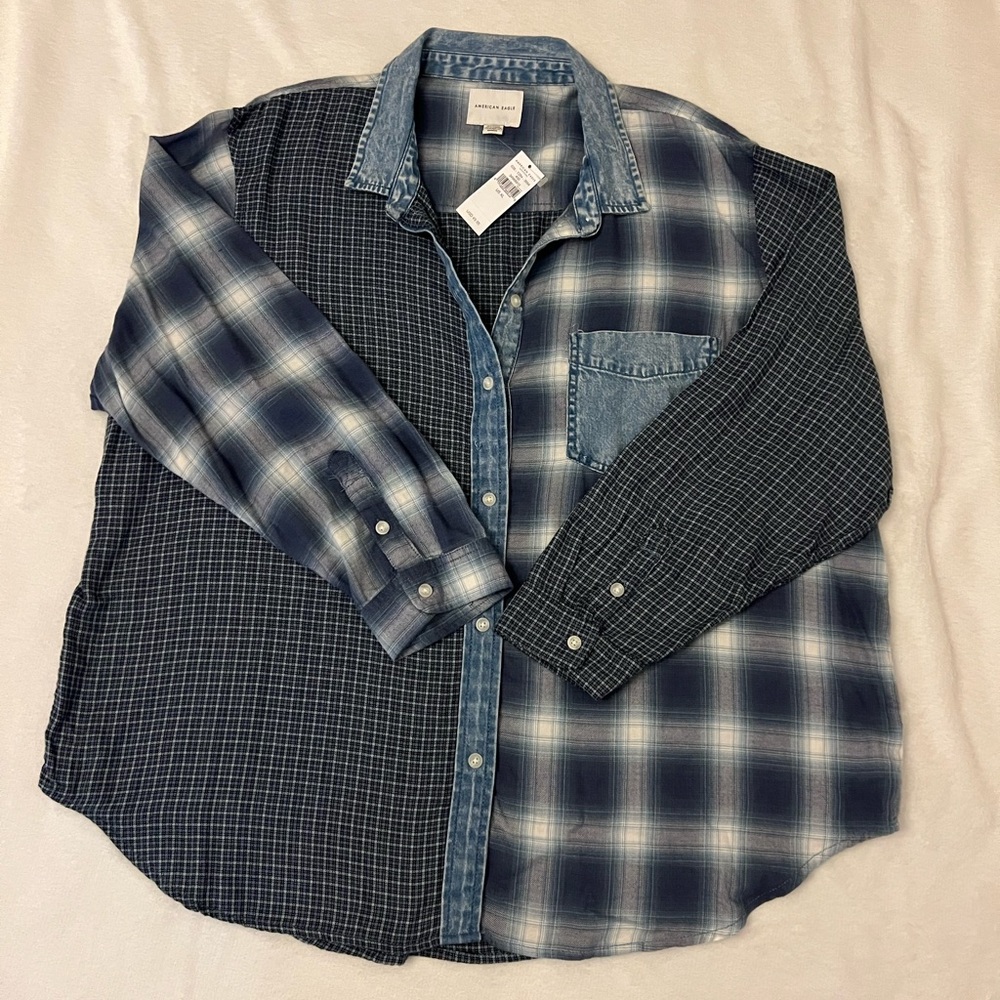 NWT Women’s American Eagle Outfitters Mixed Plaid Blue Shirt - Picture 2 of 5